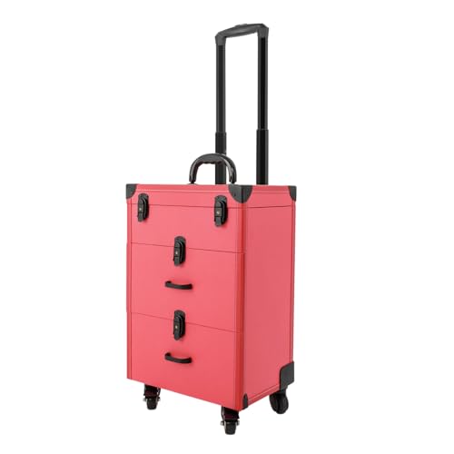 PalaUha Rolling Makeup Train Case Professional Cosmetic Organizer Trolley with Drawers Compartment Nail Case Wheeled Manicure Pedicure Storage Case for Hair Stylists Makeup Artists (Pink & Black B)