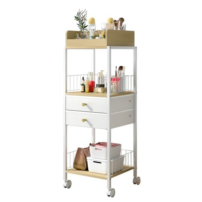 Makeup Organizer Cart Shelf Floor Skincare Organizers Make Up and Station Storage Cabinet For Vanity Standing Cosmetics With Drawers and Wheels For Nail Polish Perfume Hair Tool Holder Beauty(White)