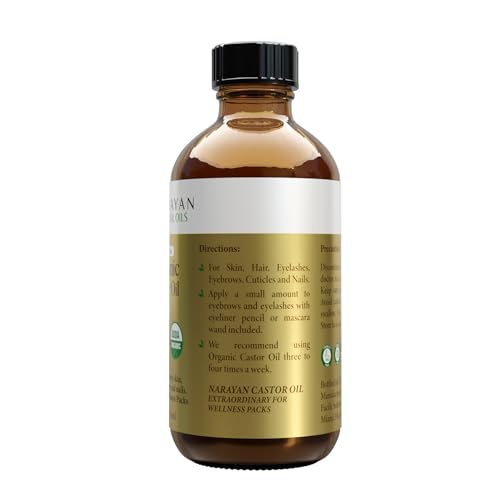 Narayan Organic Castor Oil (4 Fl Oz GLASS BOTTLE) USDA Certified Natural Hexane Free Cold Pressed — For Hair Growth, Eyelashes, Eyebrows & Skin — Extraordinary for Wellness Packs — Includes Beauty Kit