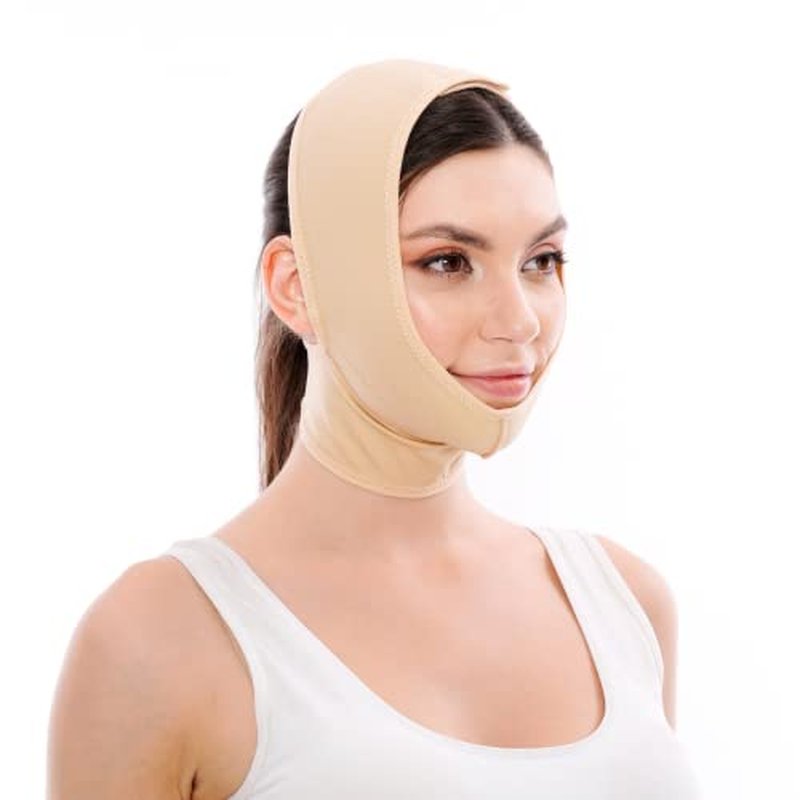 Post Surgery Facial Compression Neck Coverage Chin Strap, V-Shaped Face Slimmer, Jowl Tightening Chin Lifting Double Chin Reducer Band (S/M, Beige)