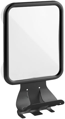 Large Matte Black Suction Shaving Mirror for Bathrooms - Includes Holders for Razors & Cream