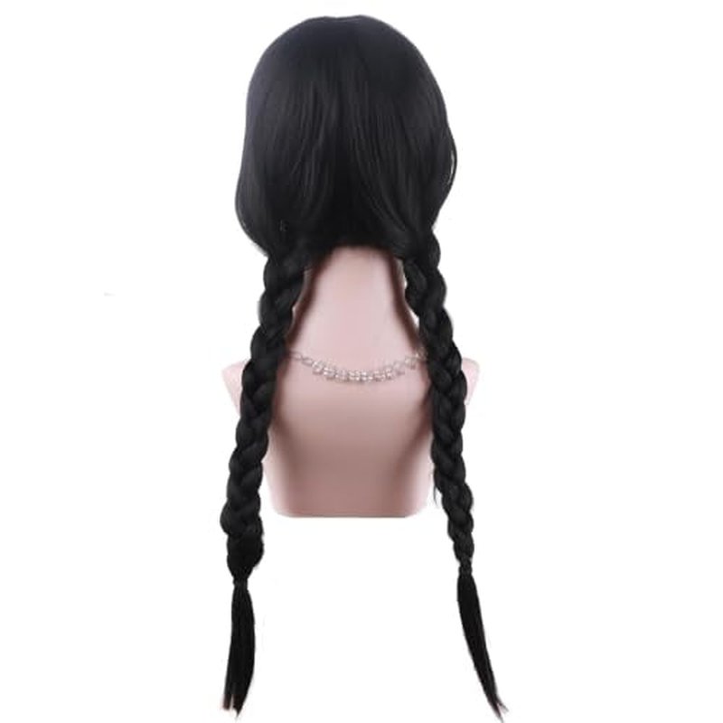DUDUWIG Black Wig with Braids for Kid Girls Long Black Braids Wig with Bangs Long Pigtails Wig for Cosplay Costume Halloween Wig Hairnet Include
