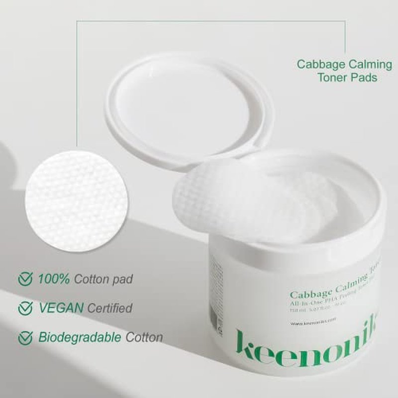 Keenoniks Dual Texture Toner Pads with Essence 70ea Value Pack - Cabbage Calming to Soothe, Minimize Pores and Control Sebum | Wipes for Mild Exfoliator, Skin Balancing | Korean Skincare - (5.07Oz)