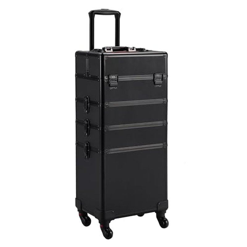 Yaheetech 4 in 1 Professional Makeup Train Case Aluminum Cosmetic Case Rolling Makeup Case Extra Large Trolley Makeup Travel Organizer, with 360° Swivel Wheels, Black