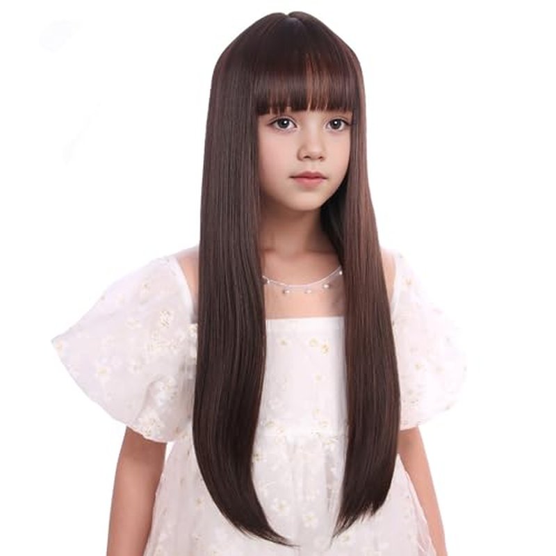 Edivd Brown Wig for Kids Girls Long Brown Wig with Air Bangs Long Brown Straight Wig for Child Heat Resistant Synthetic Wig with Wig Cap