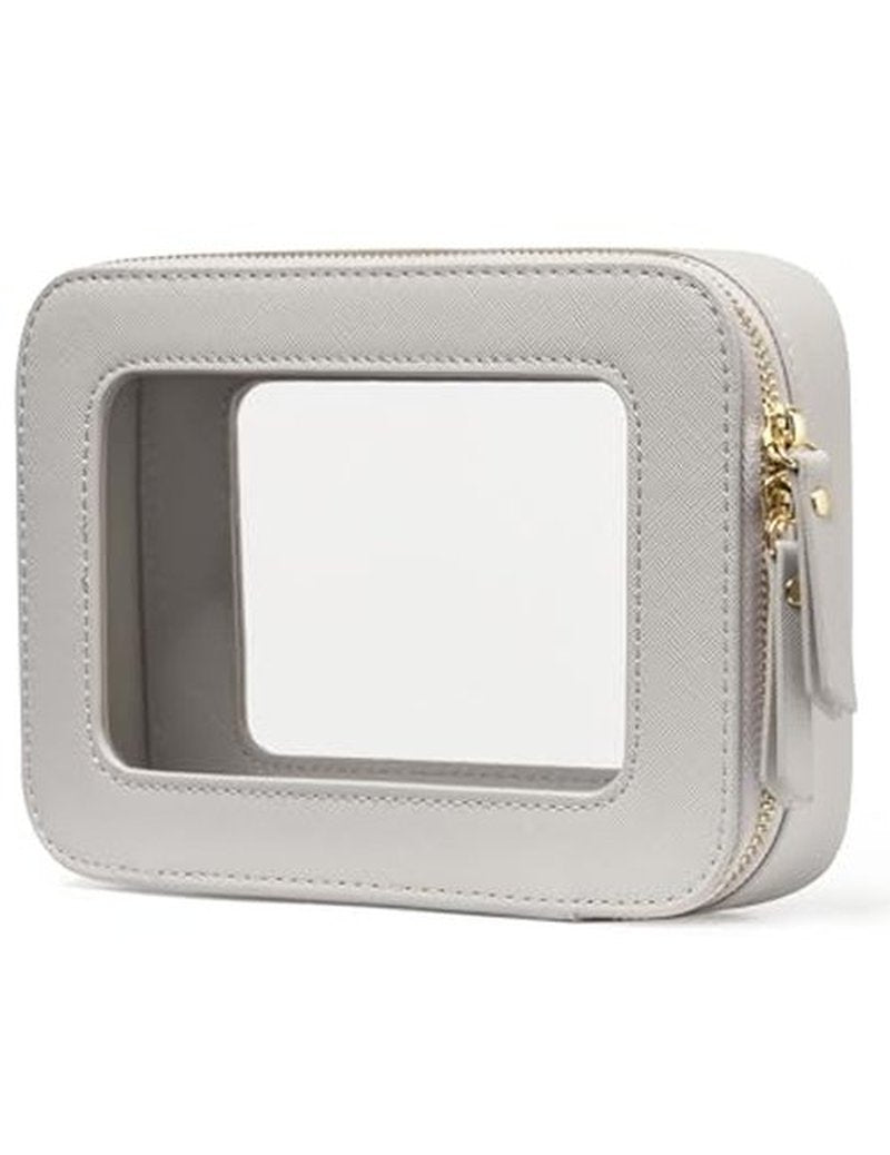 Popvibe Clear Makeup Case Toiletry Bag Travel Medium Clear Cosmetic Bag with Zipper, Small Make Up Bag Organizer Traveling TSA Approved Transparent Bag Car for Essentials, Beige Grey