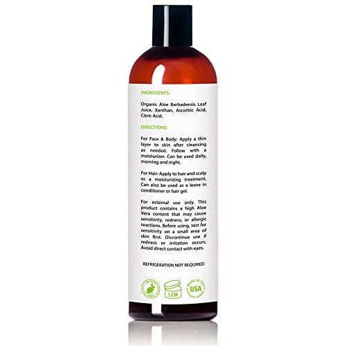 Organic Aloe Vera Gel for Skin, Face, Body, After Sun Care - USDA Certified Organic, 12 fl. oz.