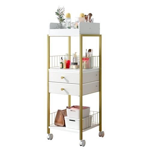 Makeup Organizer Cart Shelf Floor Skincare Organizers Make Up and Station Storage Cabinet For Vanity Standing Cosmetics With Drawers and Wheels For Nail Polish Perfume Hair Tool Holder Beauty(Gold)