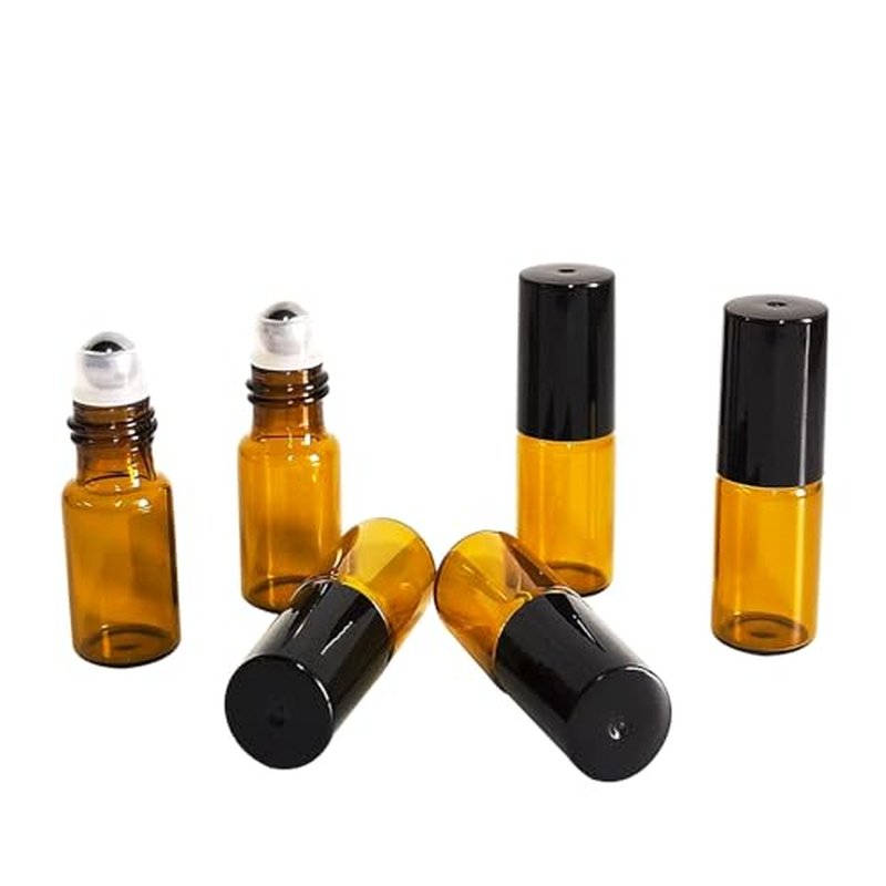 PYAWI 50 PCS 3ml Amber Glass Roller Bottle,Essential Oil Sample Vials with Stainless Steel Roller Ball,Black Caps,for Travel Perfume Cosmetics Small Container(2 Funnels, 2 Dropper, 1 Opener) (3ml)
