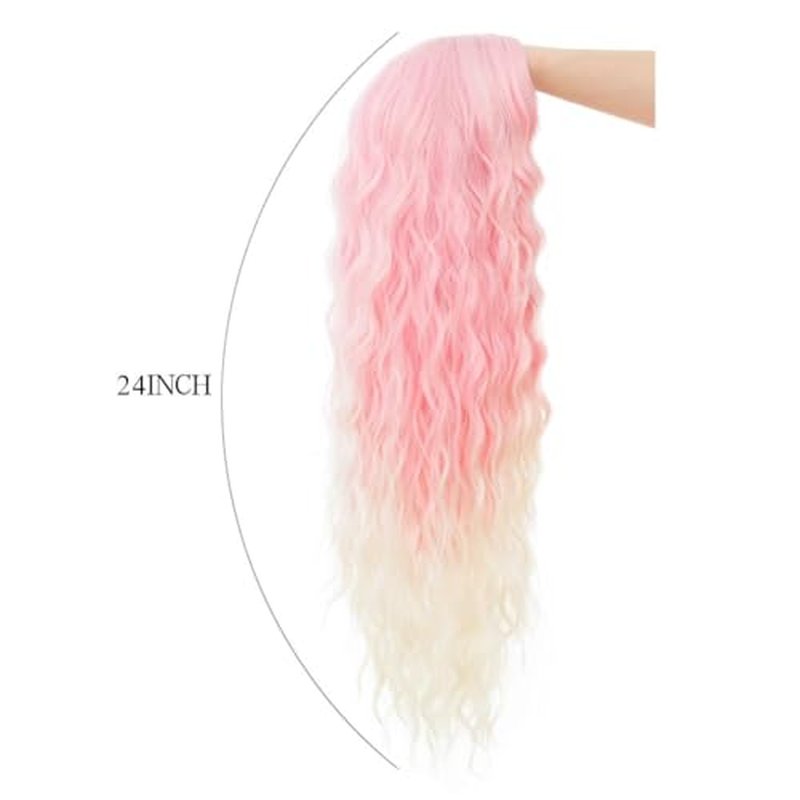 Salaibs Pink Long Curly Wavy Wigs for Women Pink to Blonde Middle Part Wig Heat Resistant Synthetic Hair Wig for Halloween Cosplay Use
