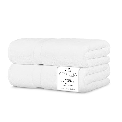 Villa Celestia 600 GSM 100% Cotton Bath Towels, White, Set of 2, Highly Absorbent, Plush, Soft, Quick Dry, 2 Pieces Combed Cotton Luxury Towels for Hotels, Spa, Salon, Bathroom, Dorm, Pack of 2