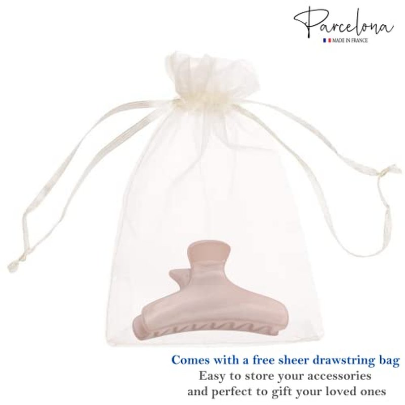 Parcelona French Flat Salon Style Medium 3 1/4" Celluloid Covered Spring No Slip Grip Jaw Hair Claw Durable Styling Hair Accessories Women Strong Hold Girls Hair Claw Clips, Made in France (Blush Pink)