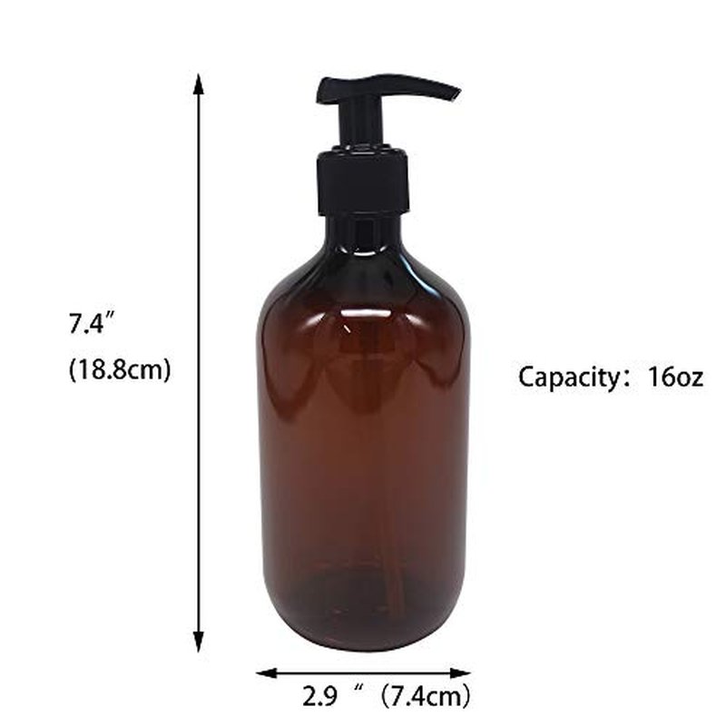 zmybcpack 4 Pack 16 OZ Empty Plastic Pump Lotion Bottles with 1 Pen, Labels & Silicone Funnel, Amber Color Lotion Dispenser with Locking Pump for Body Wash, Shampoo, Massage Lotion, Gel