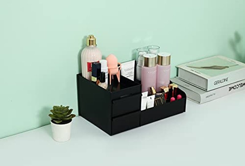 Simbuy Makeup Organizer for Vanity, Bathroom Countertop Organizer with Drawers for Cosmetics, Cologne, Skin Care Deodorant, Shaving Lotion (Black).