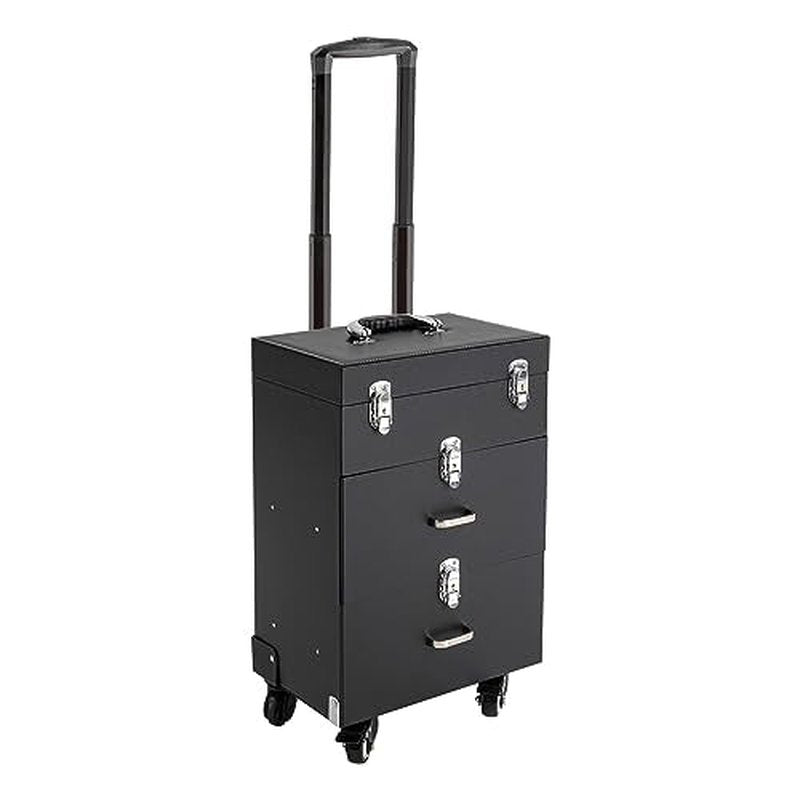 PalaUha Rolling Makeup Train Case Professional Cosmetic Organizer Trolley with Drawers Compartment Nail Case Wheeled Manicure Pedicure Storage Case for Hair Stylists Makeup Artists (Black & Silver B)