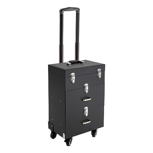 PalaUha Rolling Makeup Train Case Professional Cosmetic Organizer Trolley with Drawers Compartment Nail Case Wheeled Manicure Pedicure Storage Case for Hair Stylists Makeup Artists (Black & Silver B)