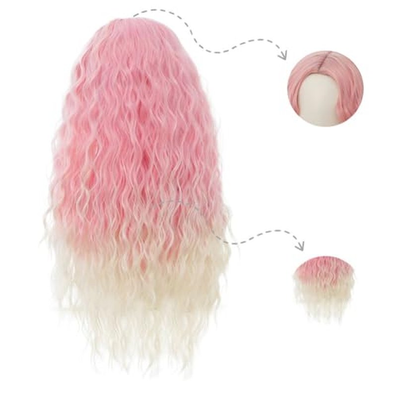Salaibs Pink Long Curly Wavy Wigs for Women Pink to Blonde Middle Part Wig Heat Resistant Synthetic Hair Wig for Halloween Cosplay Use
