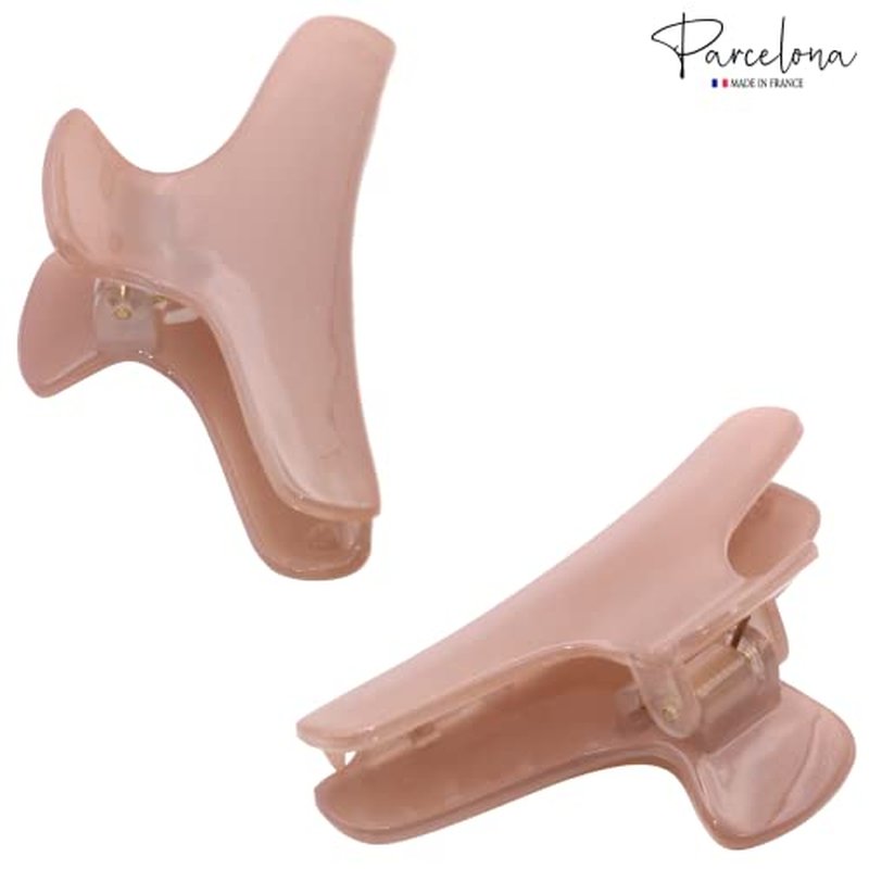 Parcelona French Flat Salon Style Medium 3 1/4" Celluloid Covered Spring No Slip Grip Jaw Hair Claw Durable Styling Hair Accessories Women Strong Hold Girls Hair Claw Clips, Made in France (Blush Pink)