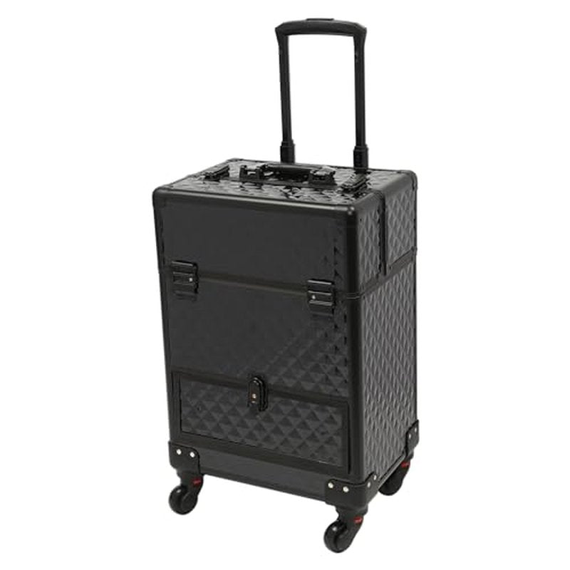 Rolling Makeup Train Case with Drawers, Cosmetic Travel Trolley, Storage Sliding Drawer 4 Tray Cosmetics Beauty Organizer Lockable Luggage Trolley w/Wheels for Makeup/Nail Art/Hair Styling (Black)