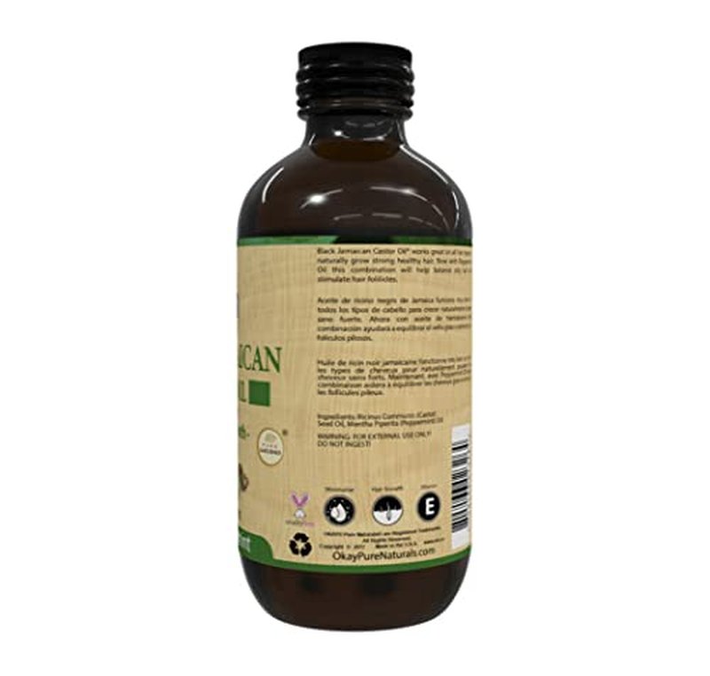 OKAY Pure Naturals Black Jamaican Castor Oil - Castor Oil for Hair Growth, Moisture for Skin, Face, Scalp, Eyelashes, Eyebrows - Hair Oil for Men & Women - Peppermint, 4 oz Glass Bottle