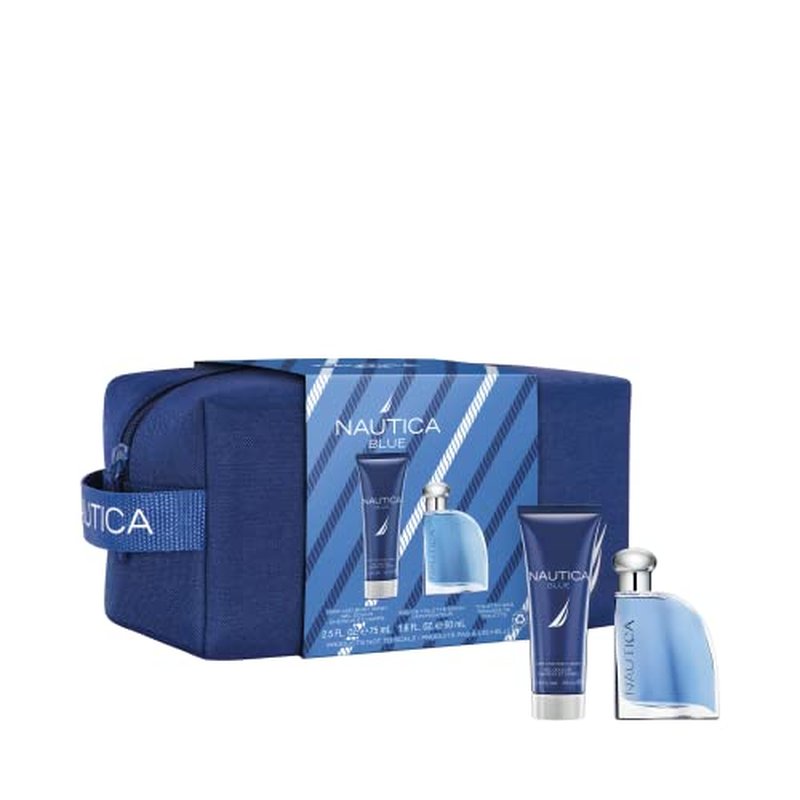 Nautica Blue 3 piece Gift Set for Men - 1.6 oz Eau De Toilette Spray + 2.5 oz Hair and Body Wash + Toiletry Bag