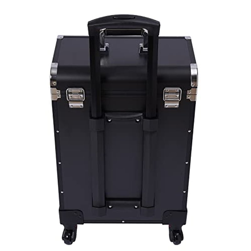 PalaUha Rolling Makeup Train Case Professional Cosmetic Organizer Trolley with Drawers Compartment Nail Case Wheeled Manicure Pedicure Storage Case for Hair Stylists Makeup Artists (Black & Silver A)