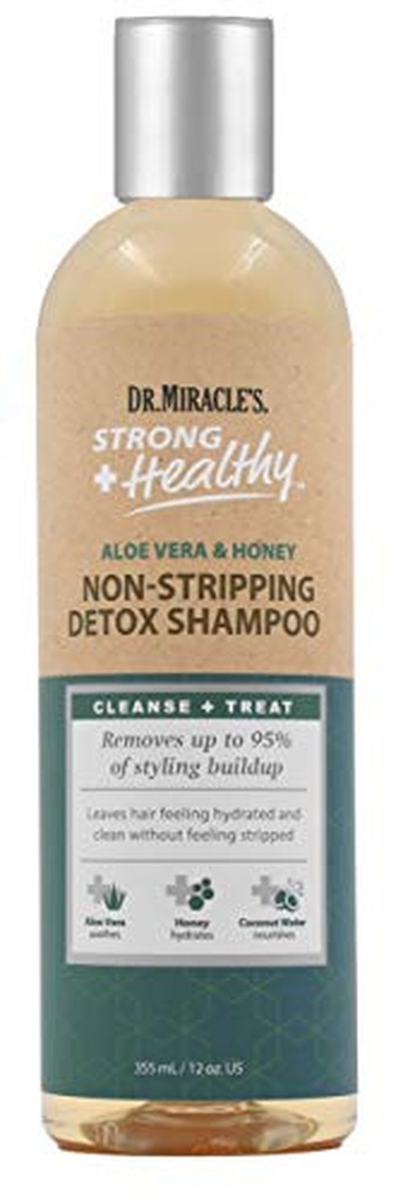 Dr. Miracle's Strong & Healthy Non Stripping Detox Shampoo. Contains Aloe Vera, Honey and Coconut Water to Combat Dryness, Shedding and Breakage to Support Healthy Hair and a Thriving Scalp. 12 oz.
