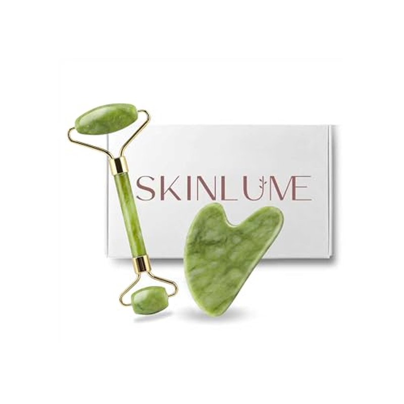 Jade Roller Gua Sha Facial Tool - For Face Neck Eye Jawline, Reduce Puffiness and Tension, Gift Set for Men Woman 100% Natural Jade Stone - SkinLume (Green)