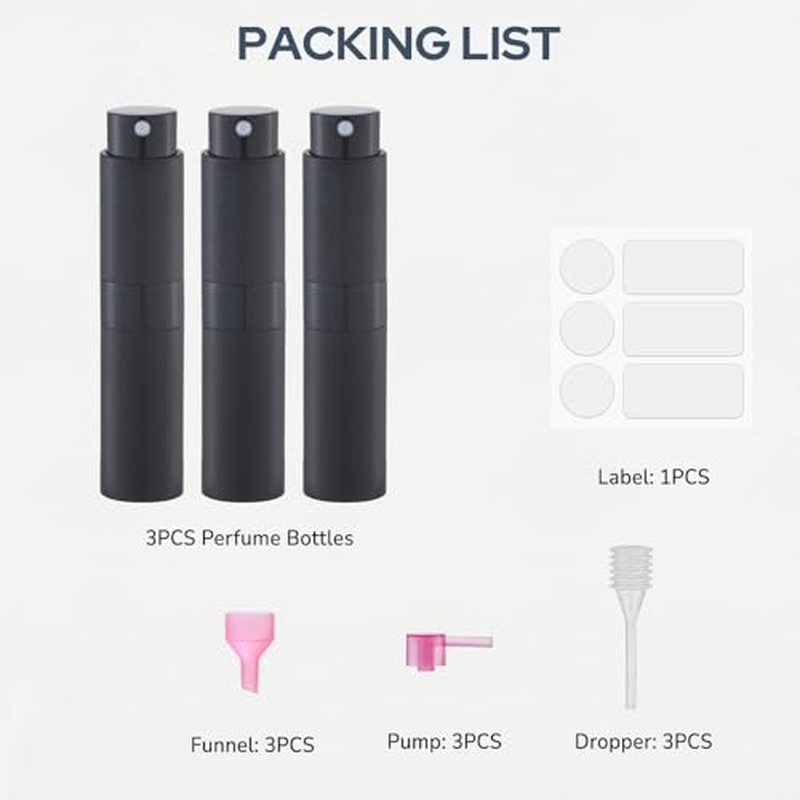 Fusupak 8ml Perfume Atomizer, Travel Cologne Spray Bottle, Refillable Portable Sprayer (Black)