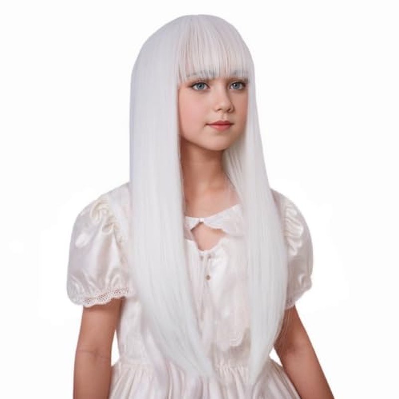 Edivd White Wig for Kids Long White Wig with Air Bangs for Girls Long White Straight Wig for Child Heat Resistant Synthetic Wig with Wig Cap