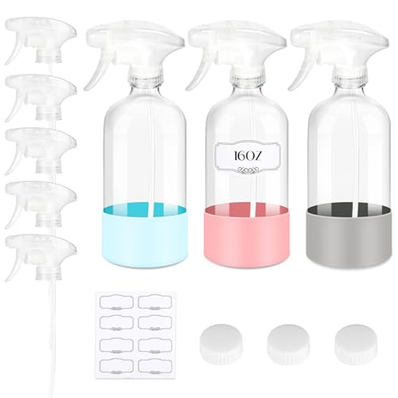ZENOWICK 3 Pack/16 Oz Glass Spray Bottles, Refillable Empty Containers with Silicone Sleeve, Upgraded Adjustable Nozzle Spray Bottle Sets for Cleaning, Essential Oils, Hair