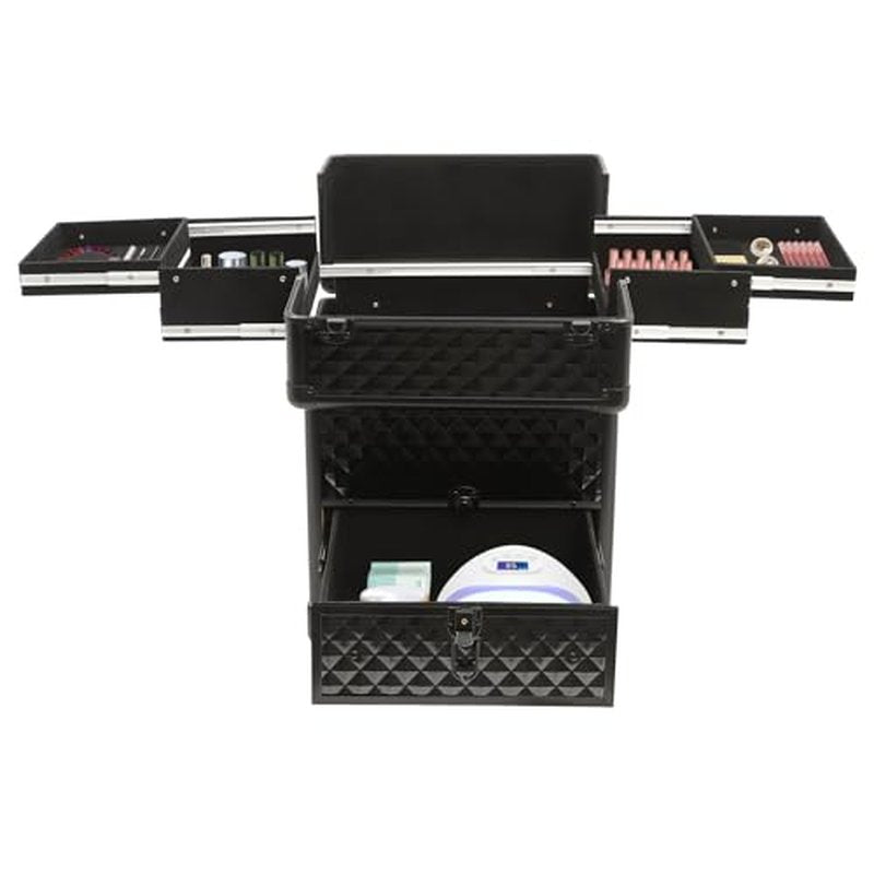 Rolling Makeup Train Case with Storage Sliding Drawer and Removable Divider, Lockable Cosmetic Travel Trolley Case with Wheels Salon Barber Travel Cart Trunk for Nail Tech Hairstylist (Black)