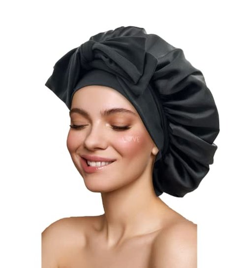 Satin Bonnet Silk Bonnet Hair Bonnet for Sleeping Large Bonnets with Tie Band Hair Wrap with Adjustable Straps Hair Cap Night Sleep Caps for Women Curly Braid Hair(Black,Wine Red)