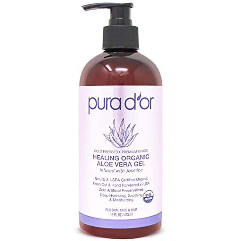PURA D'OR 16 Oz ORGANIC Aloe Vera Gel - Lavender - All Natural - ZERO Artificial Preservatives - Deeply Hydrating & Moisturizing - Sunburn, Bug Bites, Rashes, Small Cuts, Eczema Relief - Skin & Hair