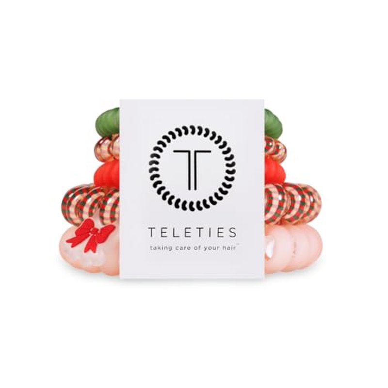 TELETIES - 2024 Holiday Ornament - Spiral Hair Coils - Ponytail Holder Hair Ties for Women - Phone Cord Hair Ties - Strong Grip, No Rip, Water Resistant, No Crease - Mixed 5 Pack