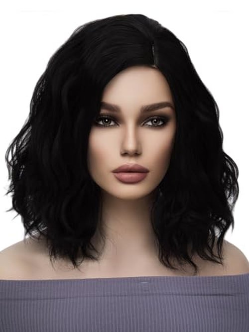 WTHCOS Black Wigs for Women Short Curly Wig Synthetic Curly Bob Wig for Girl 14 Inches Natural Looking Wavy Wigs for Cosplay Costume Party with Wig Cap