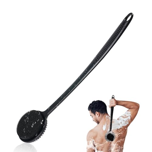 VWMYQ Silicone Back Scrubber for Shower, 17in Lengthen Long Handle Body Brush, Double Sided Shower Brush for Shower Exfoliating and Massage Can Produce Rich Foam, Long Handle Back Scrubber for Men