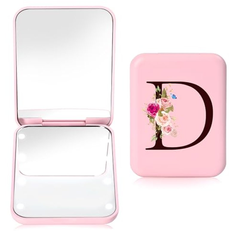 8-Piece Initials Travel Makeup Brush Set with LED Light Mirror, Compact and Trendy Stuff Personalized Monogrammed Gifts, Teen Girls and Young Women gifts idea(pink, P)
