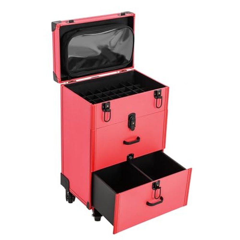 PalaUha Rolling Makeup Train Case Professional Cosmetic Organizer Trolley with Drawers Compartment Nail Case Wheeled Manicure Pedicure Storage Case for Hair Stylists Makeup Artists (Pink & Black B)