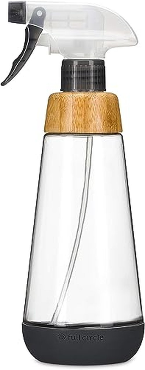 Full Circle Bottle Service - Refillable Glass Spray Bottle for Cleaning - Versatile Stream & Mist Options, Bamboo Details, Silicone Boot - Ideal for Non-Toxic Solutions & Plant Care, 16oz, Gray