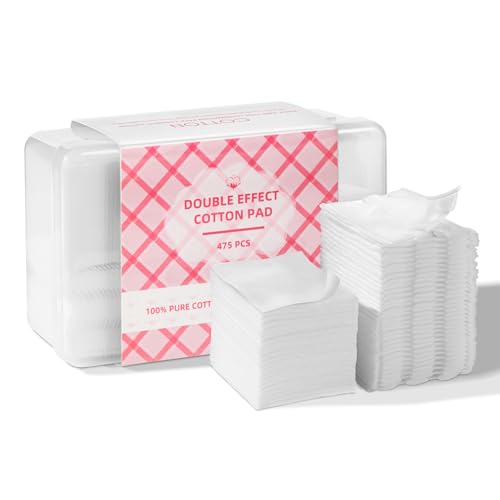 ICOTLE 475 Pcs Square Makeup Cotton Pads, 100% Cotton Soft Lint Free for Removing Makeup, Double-Side Save Water, 75 Thick + 400 Ultra-Thin for Daily Skin Care
