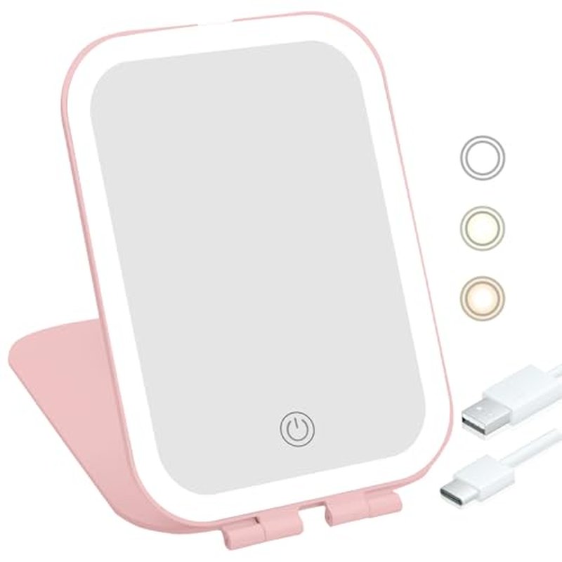 Puiuisoul Travel Makeup Mirror, 2000mAh Battery-Powered Illuminated Mirror, 3 Adjustable Light Settings USB-Rechargeable Vanity Mirror with Touch-Sensitive Dimming，Gift for Women and Girls (Pink)