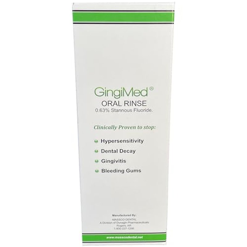 Gingi Med Mint Flavored .63% stannous Fluoride Dental Rinse, 10 Ounce Bottle. Indicated for Patients with Tooth Decay, Sensitivity, or gingival Bleeding.