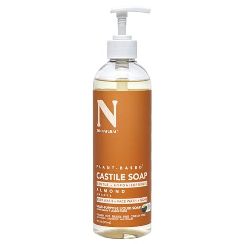 Dr. Natural Castile Liquid Soap - Multi-Use Body Wash, Shampoo and Face Wash - Hydrating Body Soap for Skin, Hair, Pets and Home - Almond - 16 oz