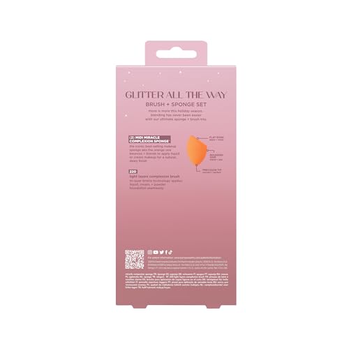 Real Techniques Glitter All The Way Brush + Sponge 3 Piece Holiday Gift Set, Makeup Sponges & Makeup Brush For Liquid & Cream Foundation, Contour, & Blush, Stocking Stuffer, Limited Edition