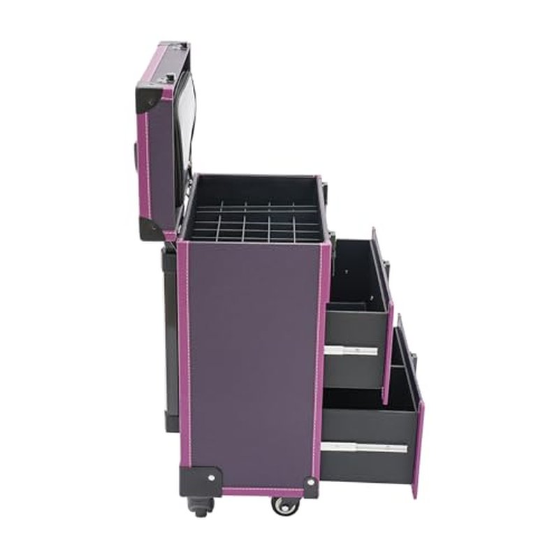 PalaUha Rolling Makeup Train Case Professional Cosmetic Organizer Trolley with Drawers Compartment Nail Case Wheeled Manicure Pedicure Storage Case for Hair Stylists Makeup Artists (Purple & Black B)