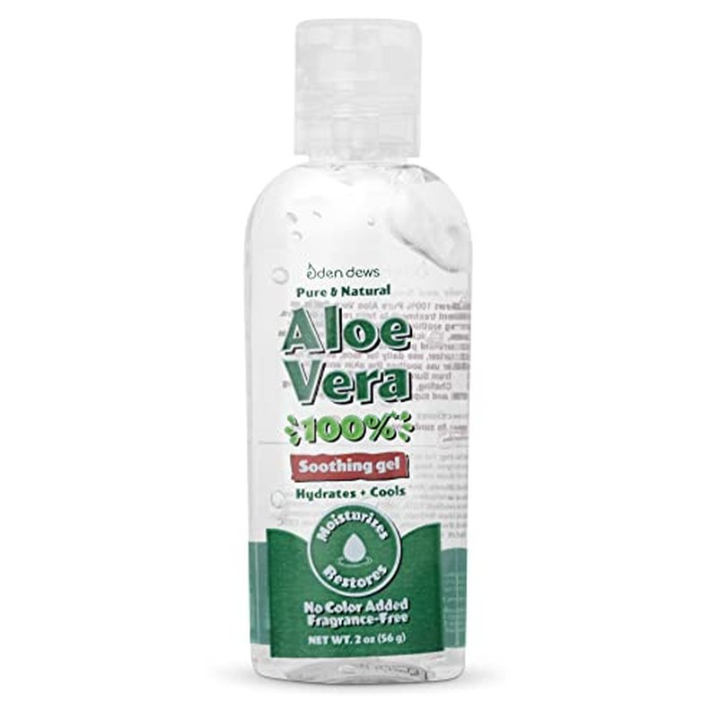 Eden Dews Organic Aloe Vera Gel 100% Pure & Natural Gel, Moisturizing, Face Skin & Hair Care, Sun Burn Relief, Hydrate + Soothe Dry Skin, Acne, Razor Bumps, Made in USA, Travel Size, (1, (2 Oz))