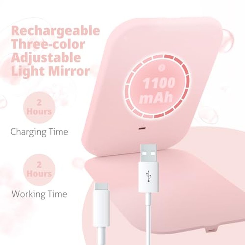 Puiuisoul Travel Makeup Mirror, Portable Mirror with Light, 3 Adjustable Light Settings USB-Rechargeable Vanity Mirror for Bedroom, Office, Home, Gift for Women and Girls (Pink)