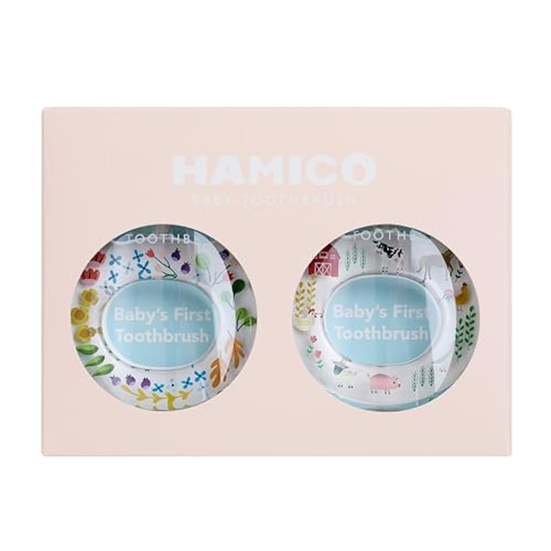 HAMICO Baby Toothbrush Gift Set Gentle, Extra- Soft Bristles for Baby’s First Toothbrush | Easy Grasp-No Overreach Infant Toothbrush | BPA Free| Baby Registry (Farm Animals & Wildflowers)
