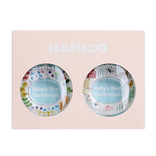 HAMICO Baby Toothbrush Gift Set Gentle, Extra- Soft Bristles for Baby’s First Toothbrush | Easy Grasp-No Overreach Infant Toothbrush | BPA Free| Baby Registry (Farm Animals & Wildflowers)
